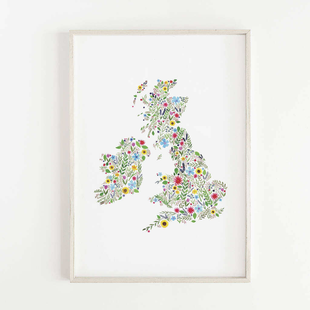 Floral map of British isles, botanical map, illustrated map