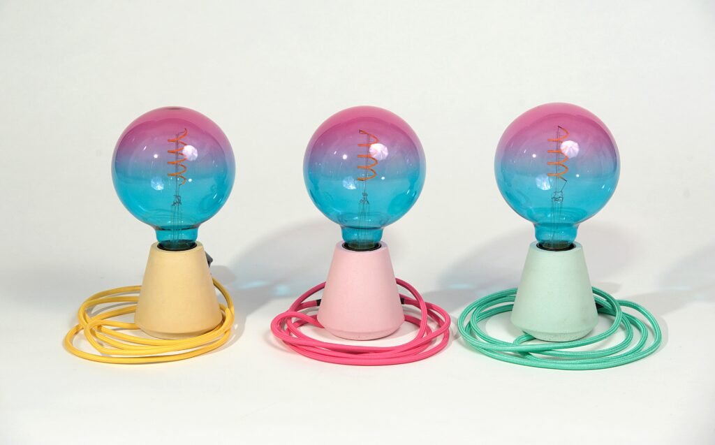 Mexish Made, Pink Lake Lamps, Green Lamp, Pink Lamp, Yellow Lamp with Blue and Purple Large LED Bulb