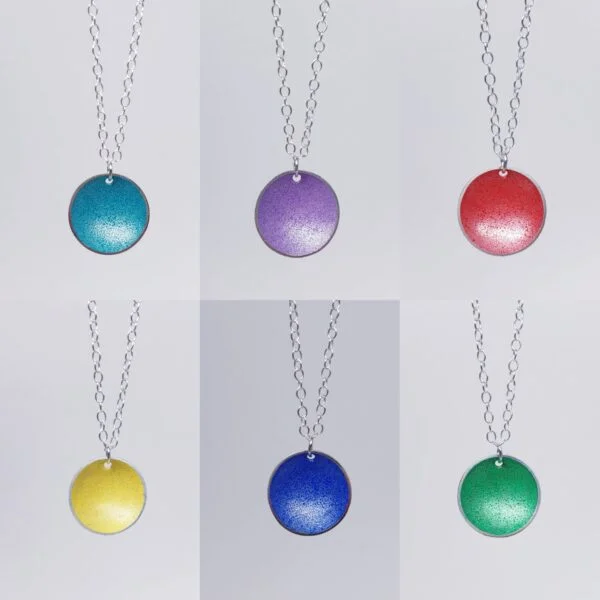 Cold enamelled silver necklaces made by AP Metalsmith