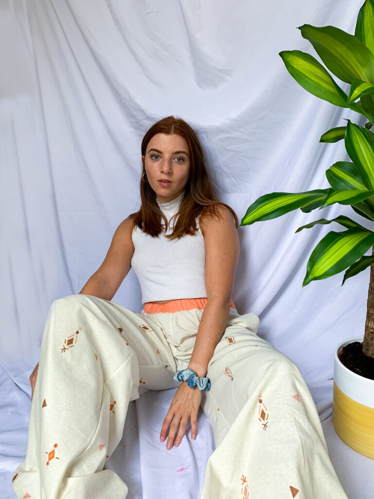 Wild Strings by Eleanor, cream and coral wide legged palazzo trousers