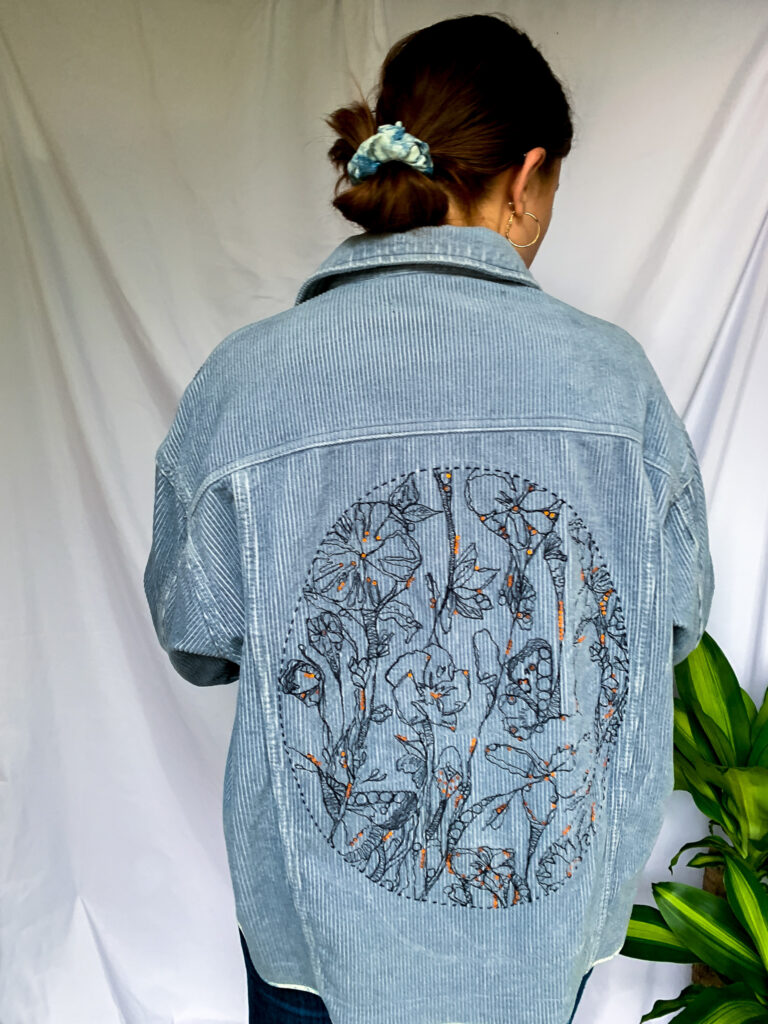 Wild Strings by Eleanor, embroidered light blue corded jacket - how to swap to slow fashion by Eleanor 