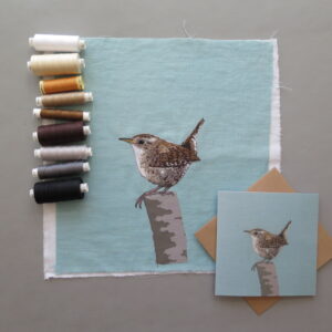 Lellibelle, wren greetings card, fabric, applique, machine embroidered, printed, British wildlife