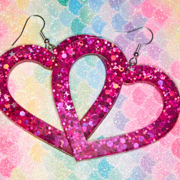 Glitter and Delight, Large Pink Heart Earrings