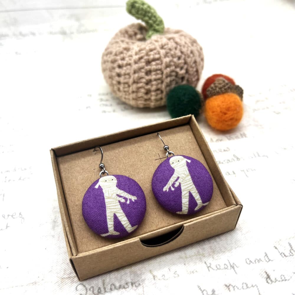 Mummy large purple statement earrings fabric buttons Bowerbird Jewellery