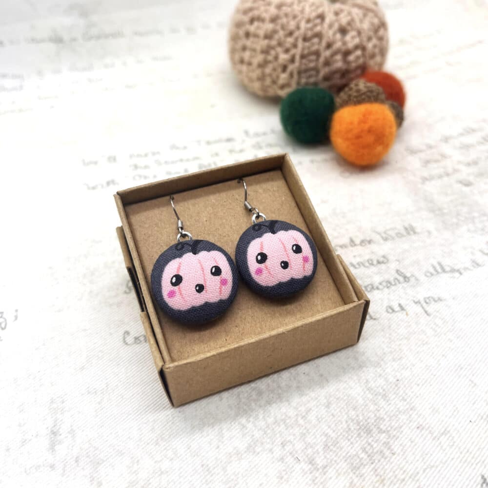 Pastel pink pumpkin fabric button dangle earrings Bowerbird Jewellery