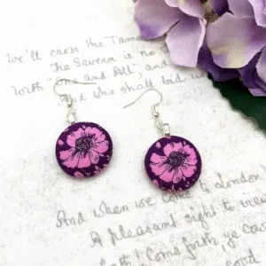 Pink and purple Liberty Of London fabric button earrings Bowerbird Jewellery