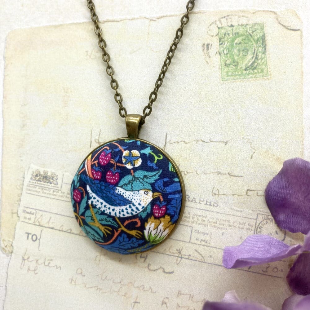 Morris Strawberry Thief pink pendant Bowerbird Jewellery