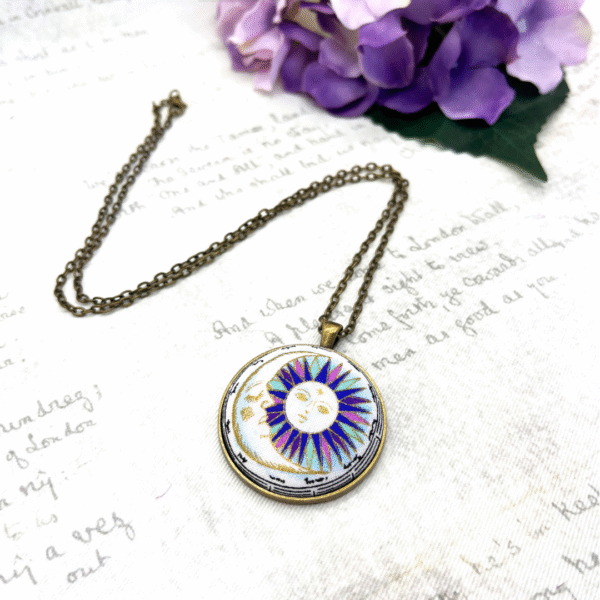 Sun moon with gold metallic line art fabric button pendant, Bowerbird Jewellery
