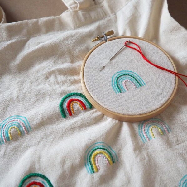 Thimble and Fabric Tote Bag Rainbow Embroidery Kit