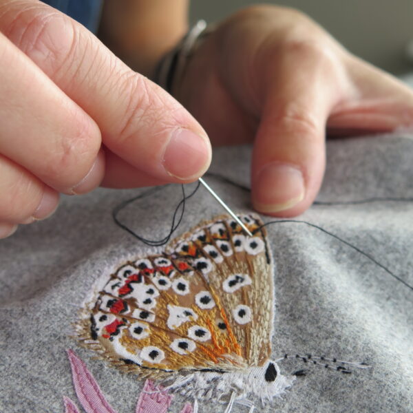Lellibelle, butterflies greetings card, work in progress, hand embroidery