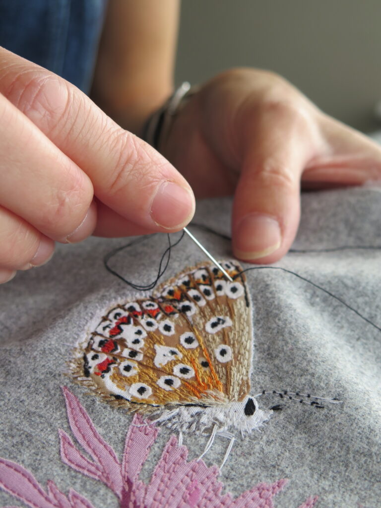 Lellibelle, butterflies greetings card, work in progress, hand embroidery