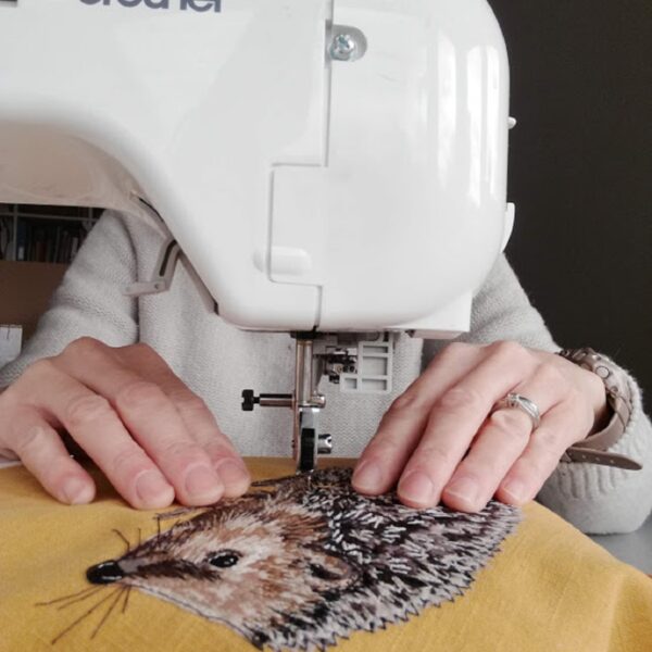 Lellibelle, hedgehog greetings card, work in progress, freehand machine embroidery