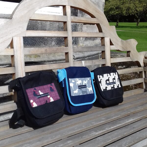 bertiewoofsterandme,dogwalking bags on location on a wooden bench,three designs