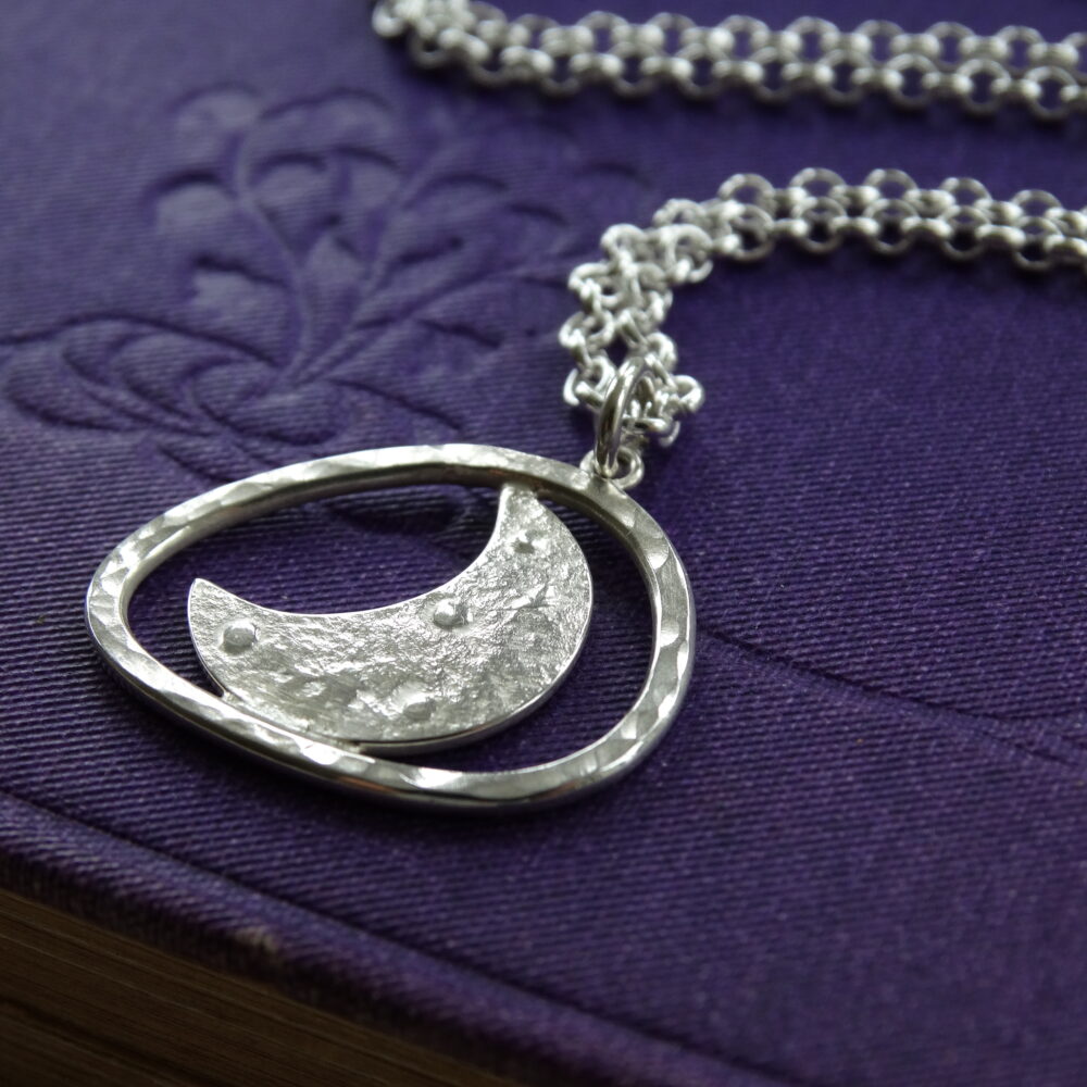 Embossed textured crescent moon pendant in recycled silver by silver nutmeg