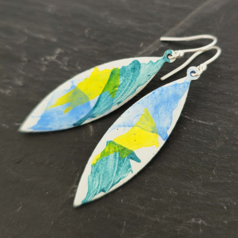 Abstract-colour-enamel-marquise-drop-earrings-green-blue-yellow-mijoux-jewellery