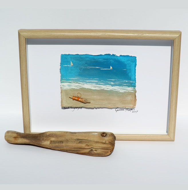 Gemma Thorpe Abstract coastal artwork containing ocean plastic framed