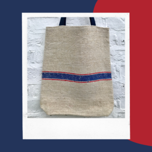Grain sack tote bag. Red and blue stripes.