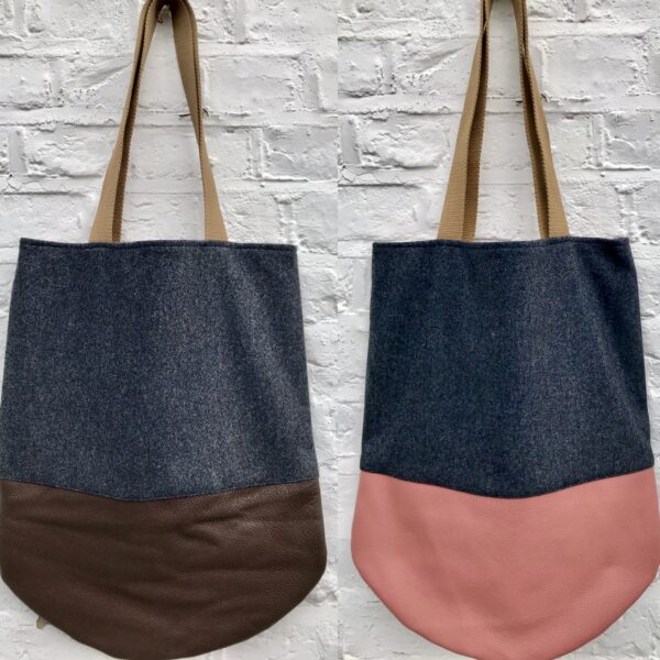 Grey wool with pink and brown leather bottom