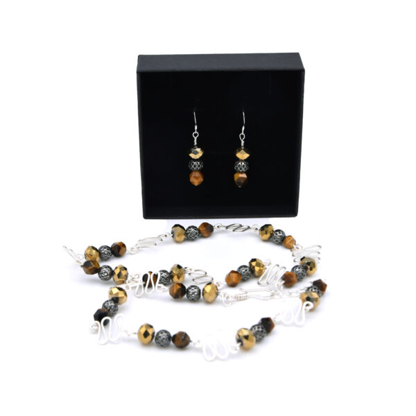 Tiger eye and filigre bead necklace and earrings
