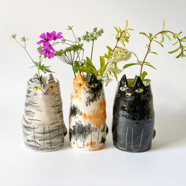 Dottir Studio three large cat vases filled with flowers black cat tabby and tri-colour