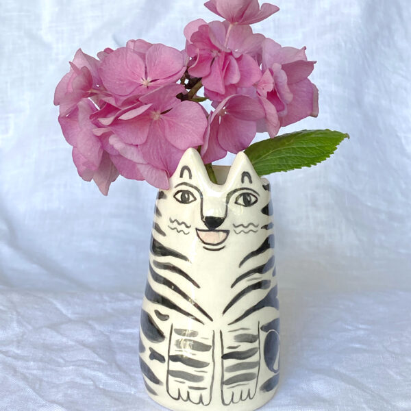 Dottir Studio White Tiger Bud Vase with pink Hydrangea