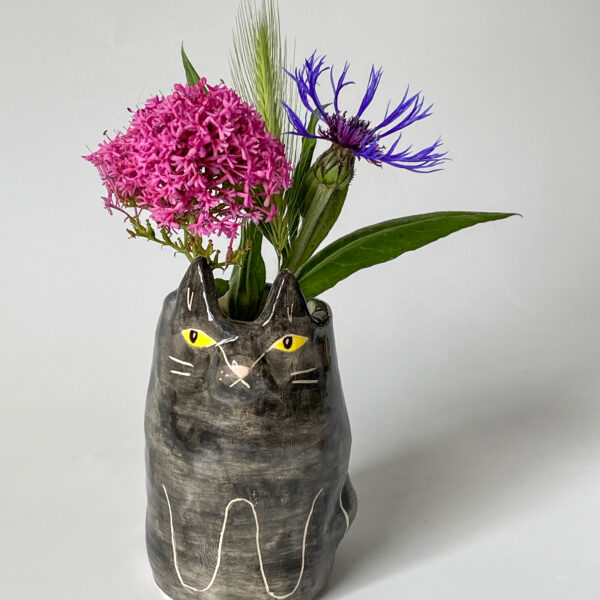 Dottir Studio Black Cat Bud Vase with pink flowers