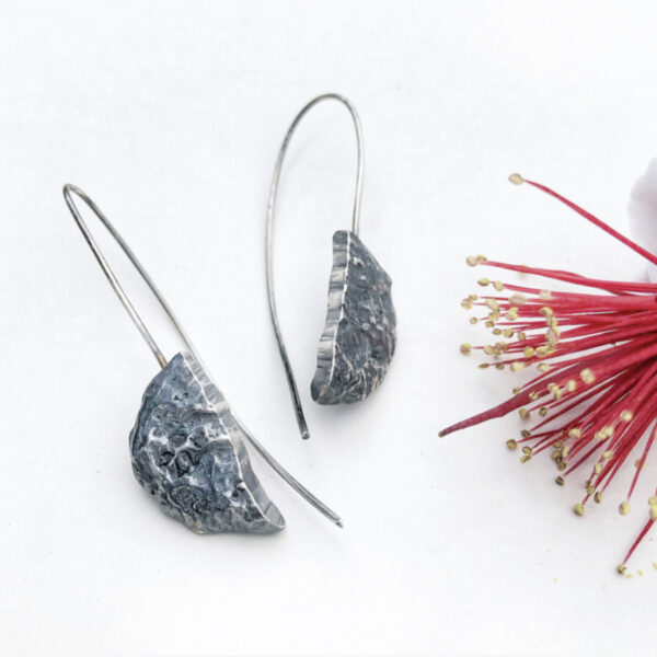 76 Silver, Contemporary Oxidised Stirling silver earrings, molten silver nugget earrings / unique contemporary design threader earrings
