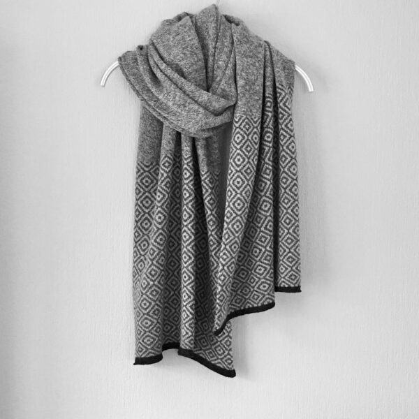 Finesse Knits, Large Fair Isle Scandi Scarf marled cliff grey and nearly black