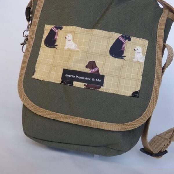 bertiewoofsterandme,dog walking bag in olive green labrador design and westie