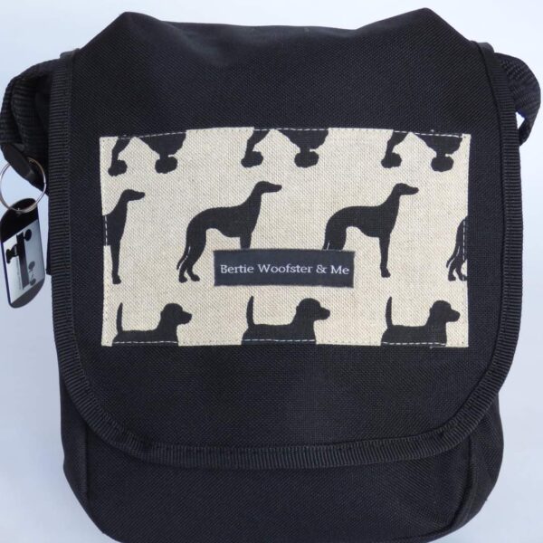 Bertiewoofsterandme black dog-walking bag showing linen look fabric with black dog silhouette