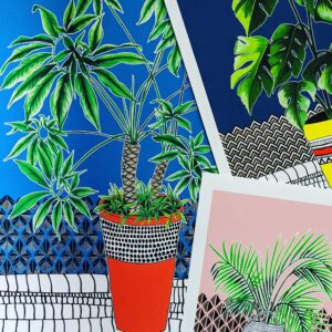Katie Clement Illustration, Houseplant Art Print collection closeup of Monstera Print, Palm Print and Philodendron Print