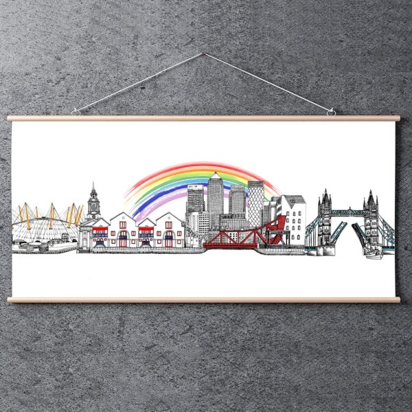 Katie Clement Illustration, Limited Edition Rainbow East London Skyline Print, hanging in a wooden print hanger