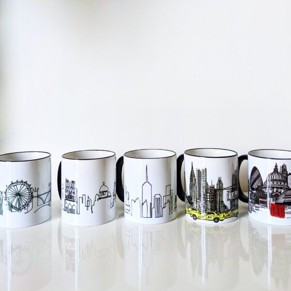Katie Clement Illustration, Skyline Mug collection lined up including London, New York and Paris Illustrations