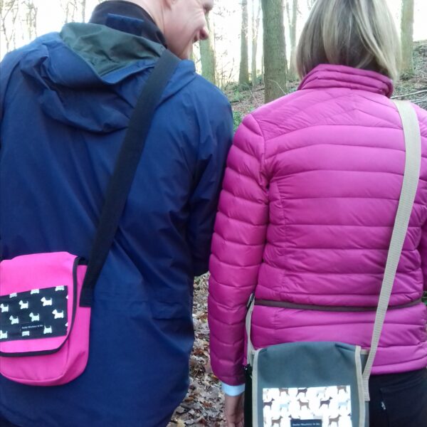 bertiewoofsterandme dog-walking bags being worn on a walk showing pink and green bags