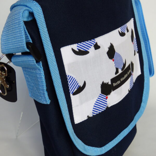 bertiewoofsterandme,dog walking bag in blue with scottie dog nautical fabric design, black dog