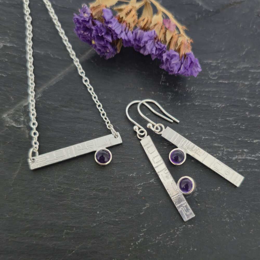Silver-bar-relic-pattern-purple-amethyst-asymmetric-necklace-drop-earrings-handmade-Mijoux-Jewellery