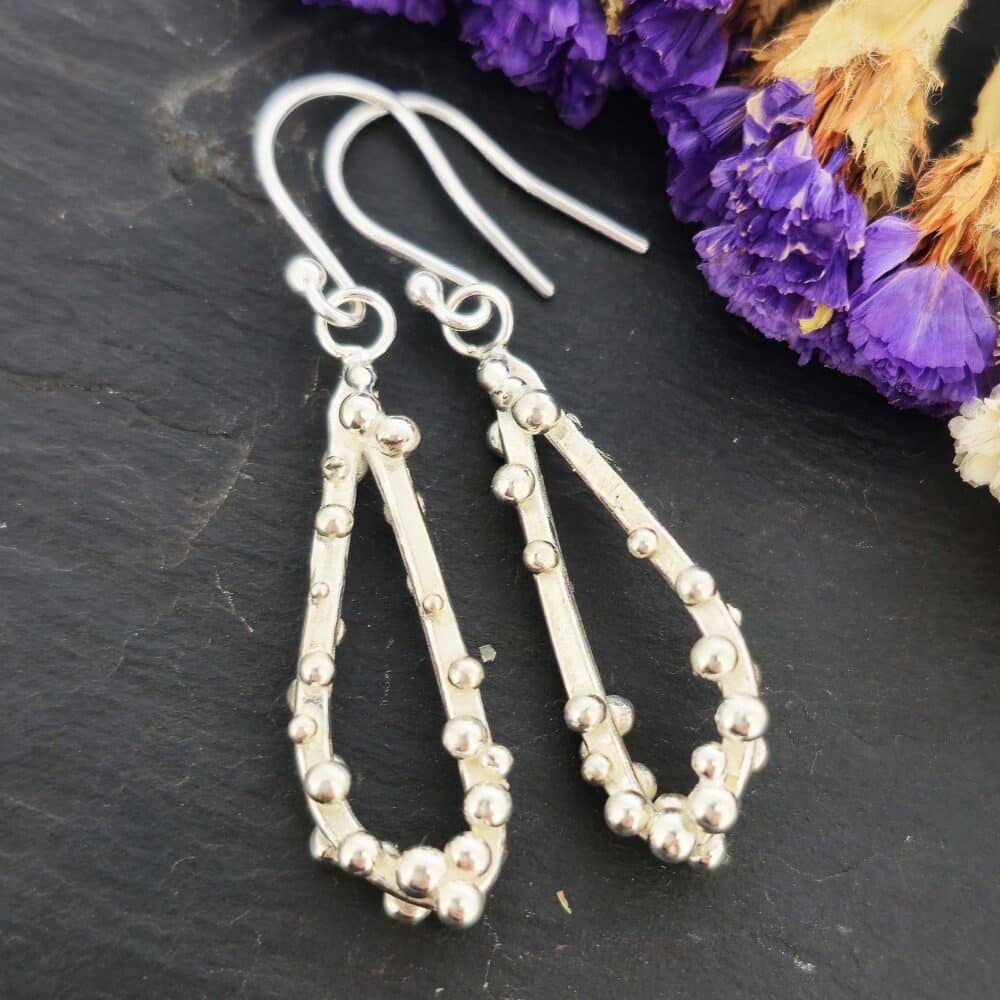 Silver-sea-foam-drop-earrings-asymmetrical-balls-handmade-mijoux-jewellery