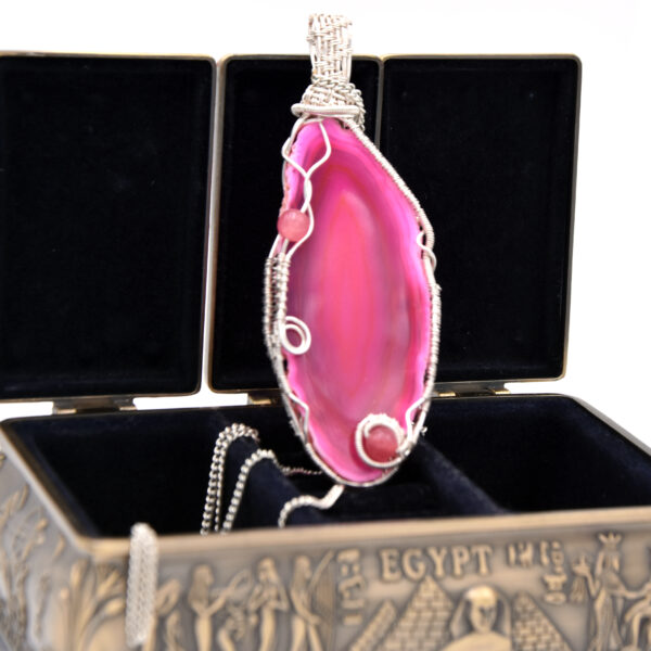 Pink agate slice wire wrapped in silver plated copper wire