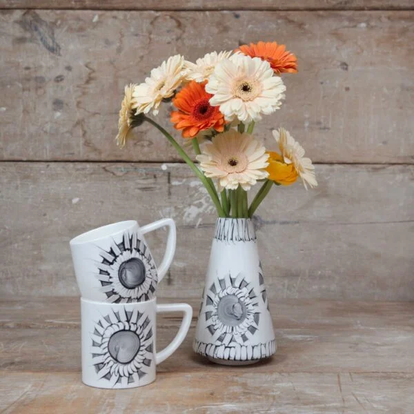 tribal sun designs mug and vase. Denise O'sullivan Ceramics