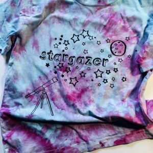 Tie dye t-shirt with screen print design on - purple and blue