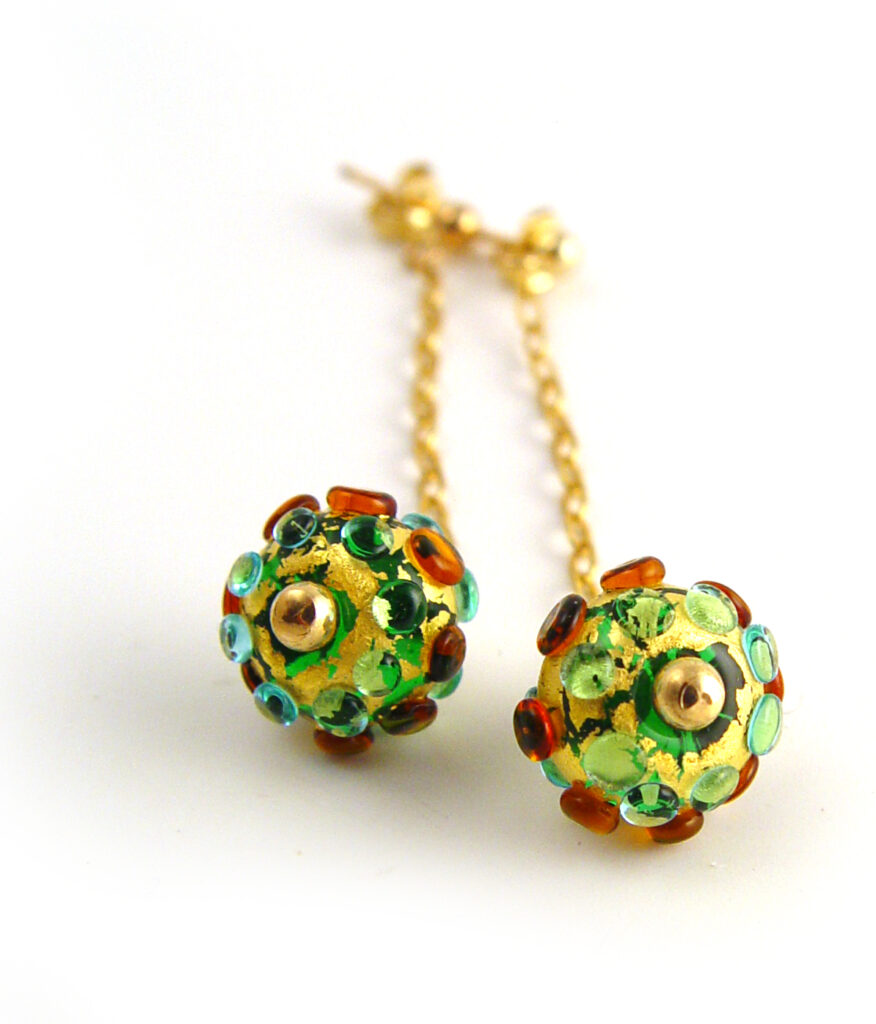Suzanne Jewellery, Emerald Green, Amber & Gold Lampwork GlassDrop Earrings