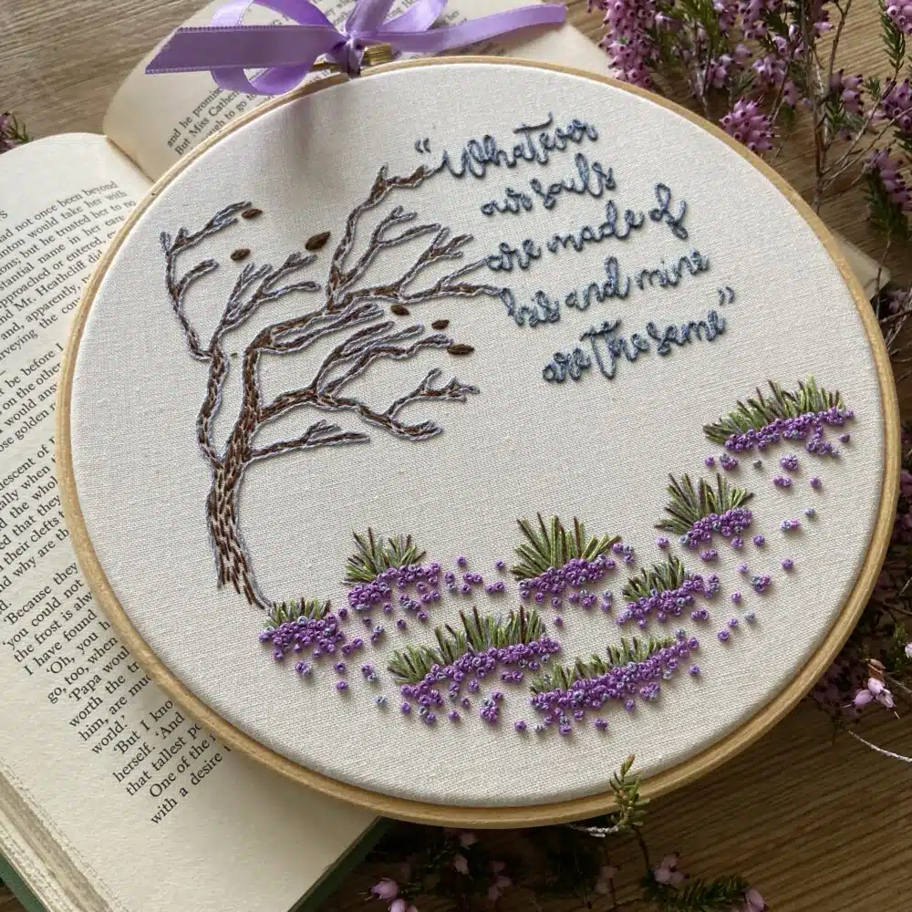 A literary embroidery kit inspired by Wuthering Heights, featuring an elegant stitched design with high-quality embroidery threads, fabric, needle, and instructions.