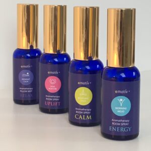 Emotiv Aromatherapy room spays made with essential oils. Choose from Calm, Energy, Uplift or Relax.