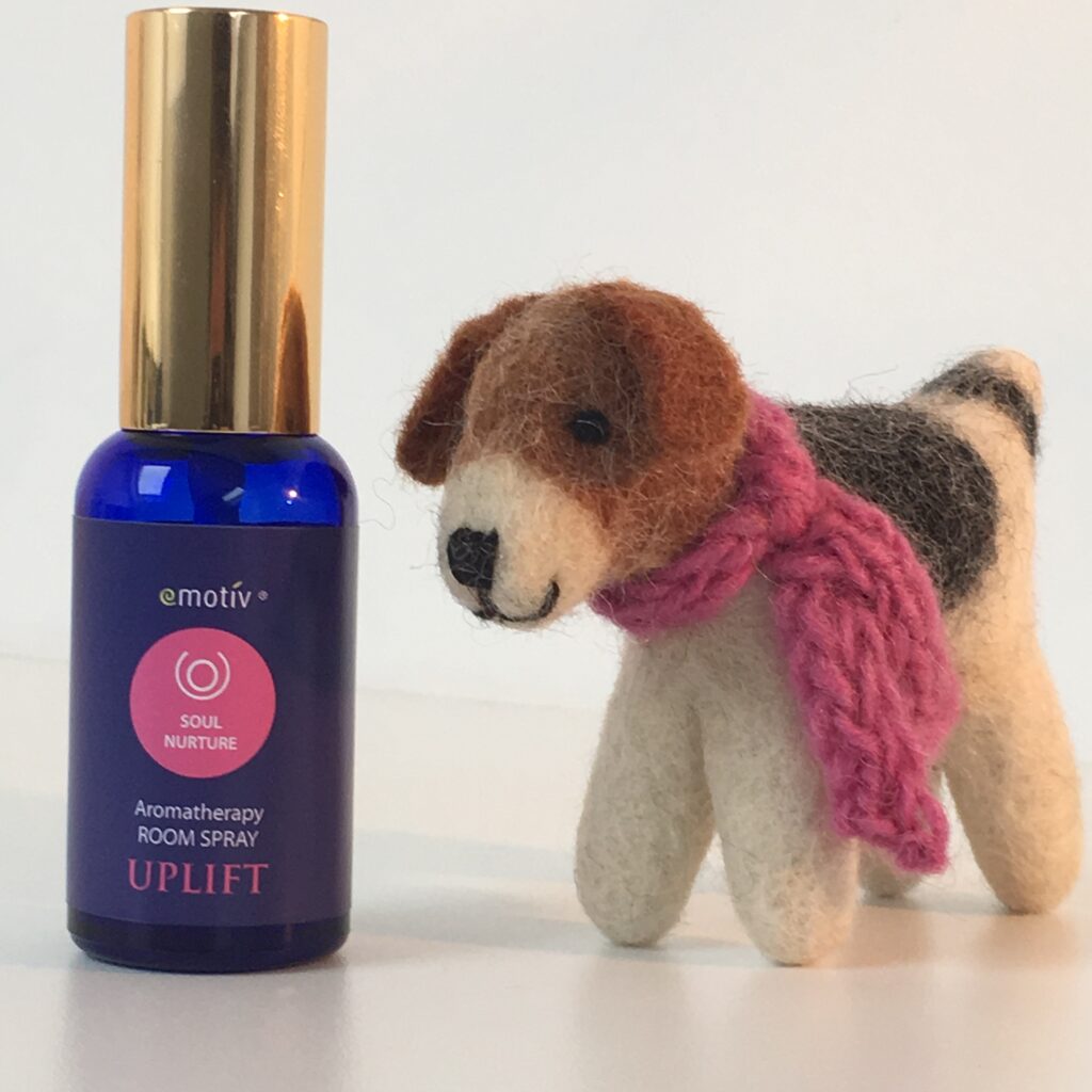 Emotiv Aromatherapy SOUL NURTURE uplifting essential oil room spray and Happy Hound felt dog with pink scarf. Spray the dog to hold the pretty aroma for hours.