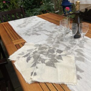 By Maggie Naturally One of a kind large linen table runner and four napkins, hand printed with silver birch leaves