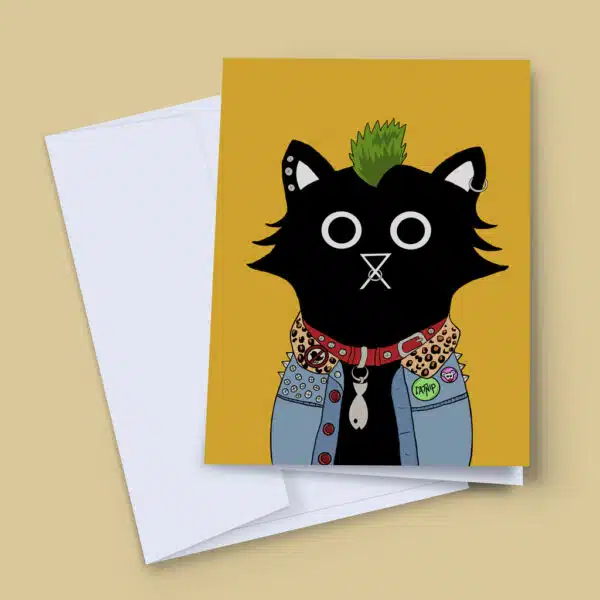 A defiant black cat with wide white eyes and a green mohawk, standing against a vibrant mustard-yellow background. The cat wears a studded denim jacket layered over a red leopard-print collar and a red fish-charm collar. It sports piercings on its nose and ear, exuding a playful punk‑rock attitude.