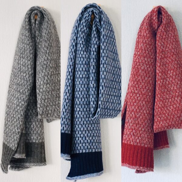 FinesseKnits, long Nordic scarf marled yarn in three colours graphite, navy and berry red