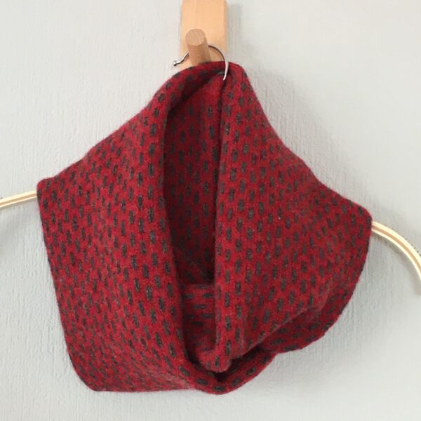 FinesseKnits, knitted merino lambswool snood, scarf, neck warmer berry red and graphite grey dots