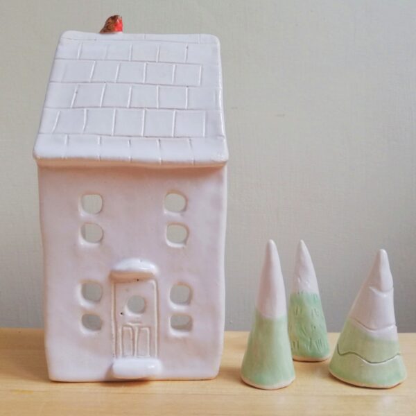 lucyandjaneceramics, white tealight house with robin bird and ceramic trees