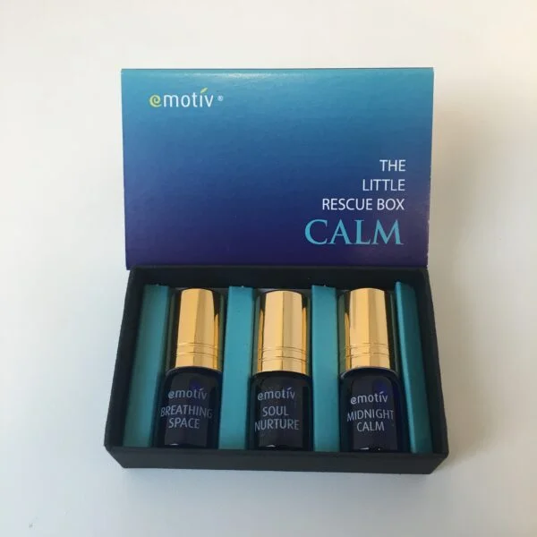 Emotiv Aromatherapy The Little Box of Calm.3 mini roll on aromatherapy blends to help calm your mind, lift your soul and deeply relax before sleep. Try the 60 second ritual for calm. ROLL. INHALE. HOLD. EXHALE. REPEAT. Packaged in a sea blue box. Blue glass bottle. Gold lids.